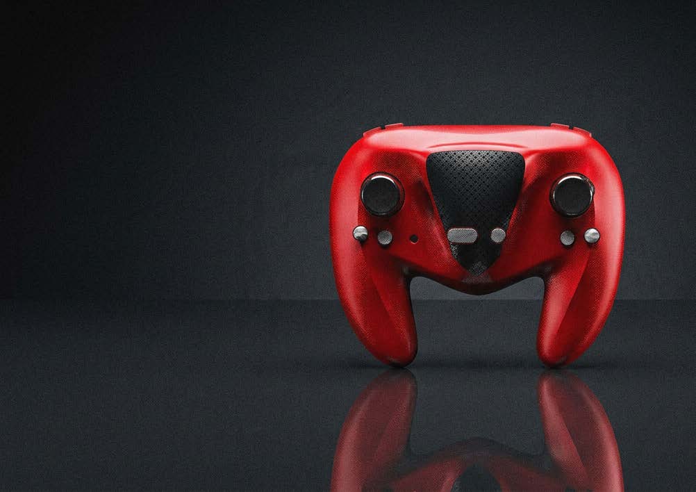 Red handheld controller concept on a dark background.
